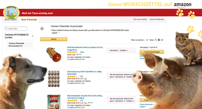 Unterstützen Sie die Pfotenhilfe mit einer Online Shopping Spende über unsere Amazon-Wunschliste